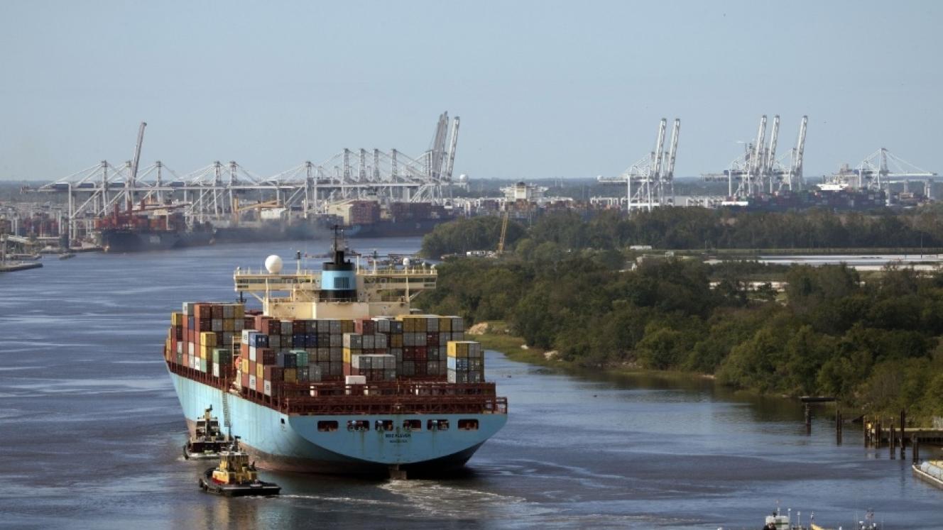 The container ship MSC Kleven sails up river to the Port of Savannah after the Savannah River reopened following Hurricane Matthew.