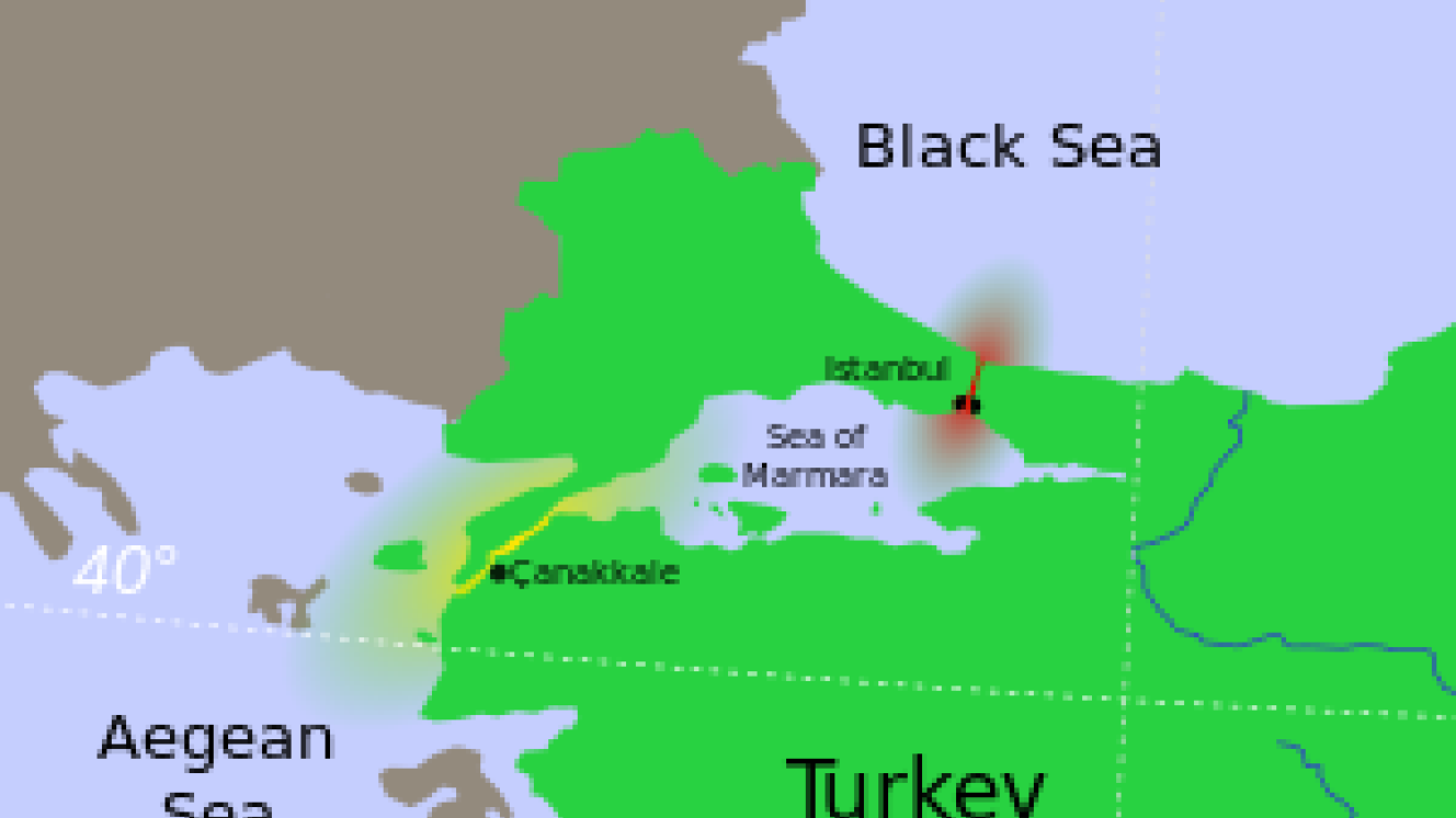 The Bosphorus (red), the Dardanelles (yellow), and the Sea of Marmara in between, are known collectively as the Turkish Straits.