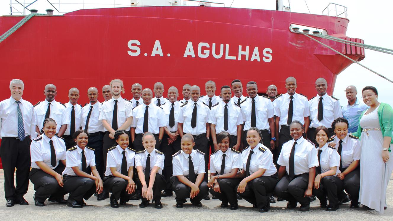Heading to the Antarctic – the 30 sea cadets who will be on the Agulhas 1 for the next four months. On the left is professor Malek Pourzanjani, SAIMI chief executive officer, and to the right is Meriam Malebo, project manager from the National Skills Fund. 