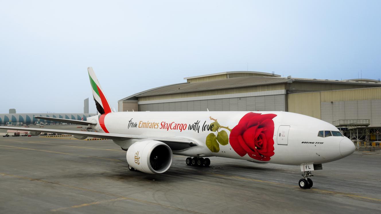 The rose decal on the Emirates SkyCargo Boeing 777-F freighter aircraft.