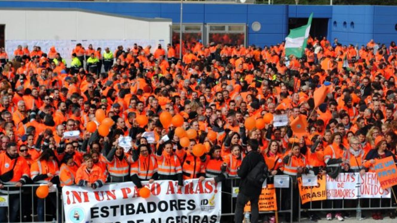 Dock workers striking at the port of Algericas.
