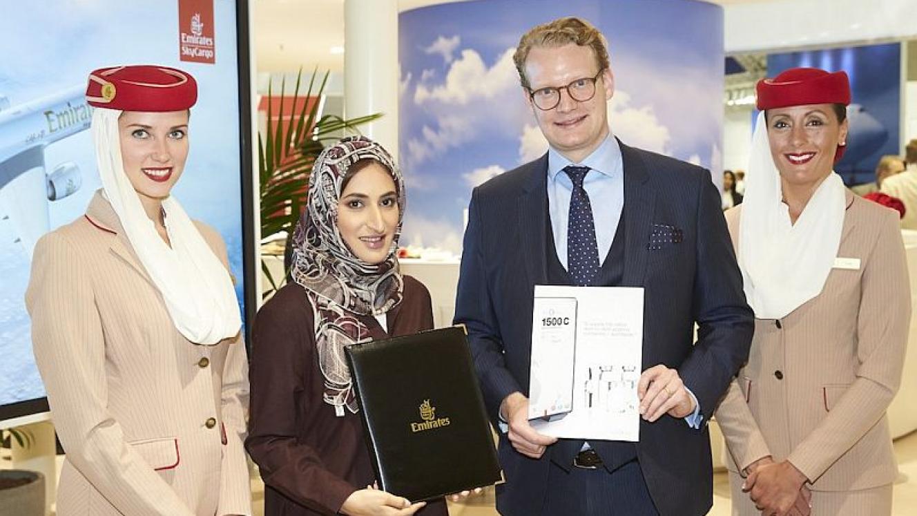 Emirates SkyCargo vice president of Cargo Product Development and Local Affairs, Moaza Al Falahi, with SkyCell AG CEO, Richard Ettl, at Air Cargo Europe in Munich.