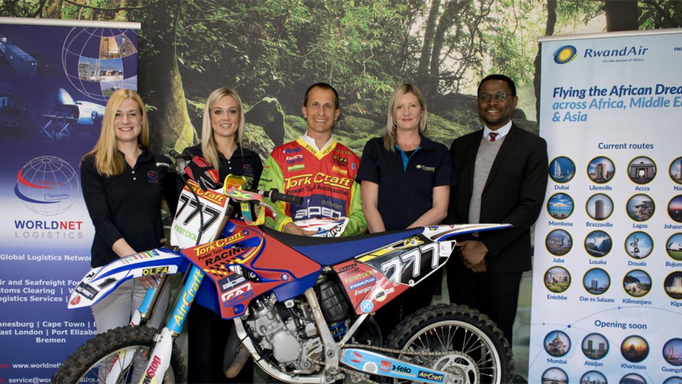 Pictured from left are, Kari Adamson key account manager and Maria Hofer marketing manager at World Net Logistics;  multiple motocross champion, Ryan Hunt;  RwandAir marketing manager, Sarah-Jane Silburn; and RwandAir country manager Rwanda, Thembela Dladla.