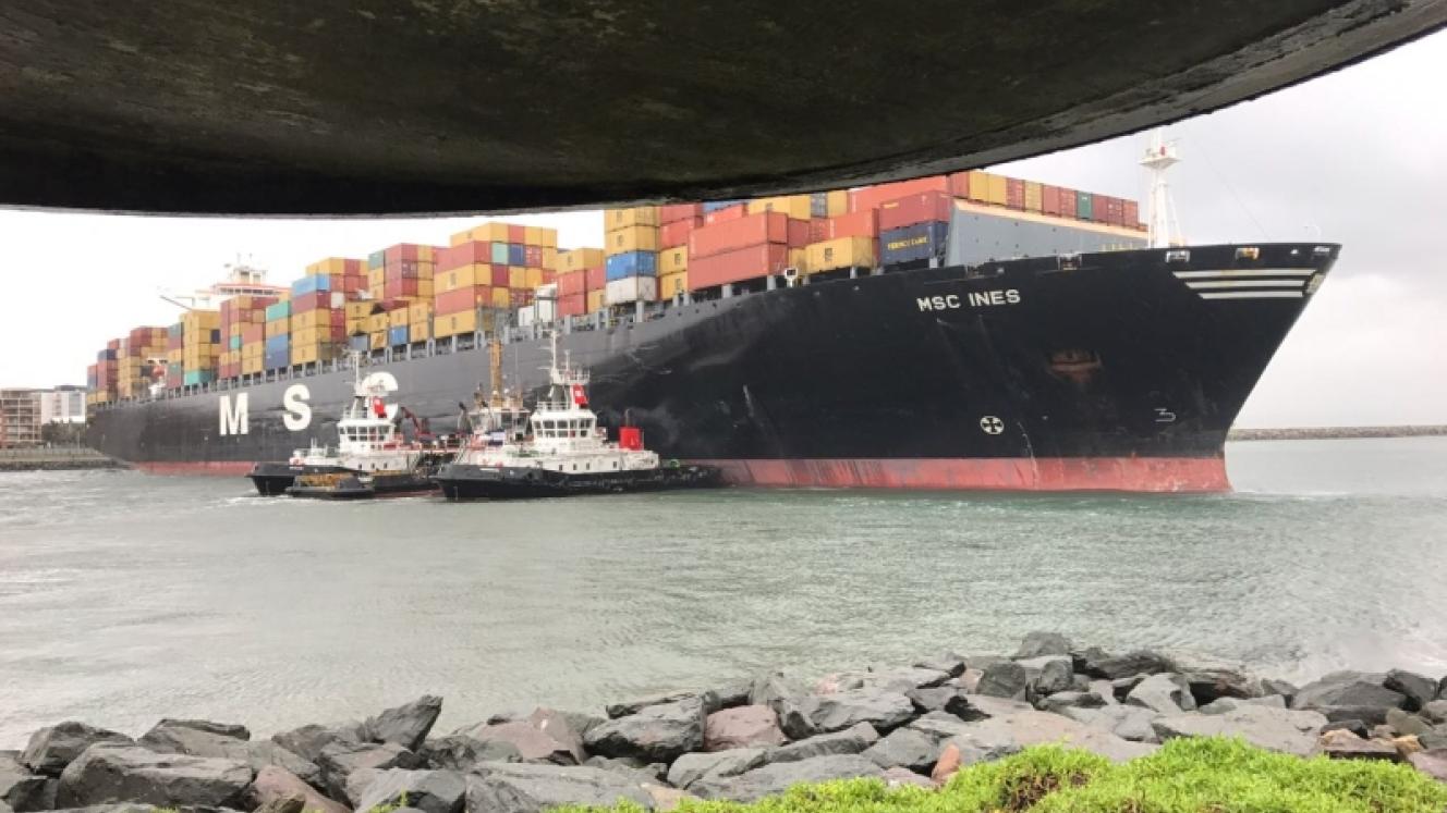 The MSC Ines which drifted into the entrance of the Durban harbour due to the storm.