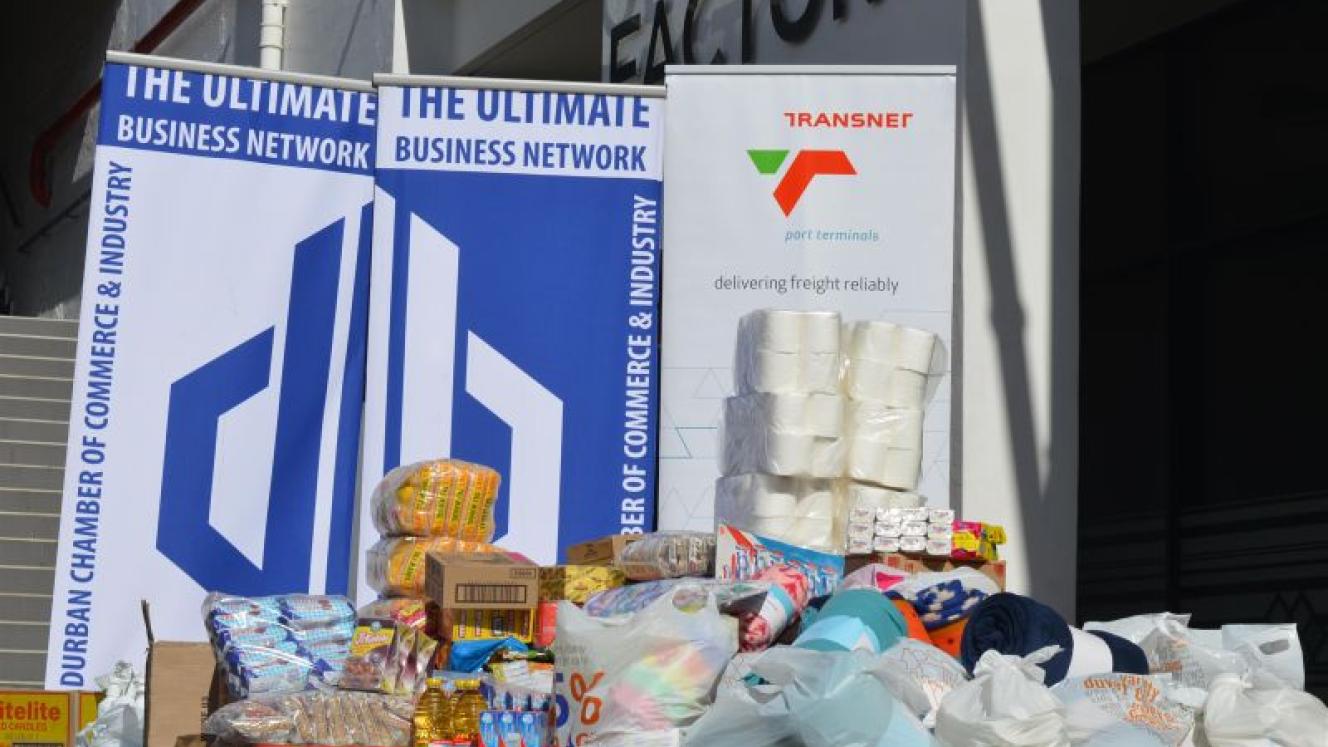 Packages of non-perishable food, blankets and cleaning material donated by TPT.