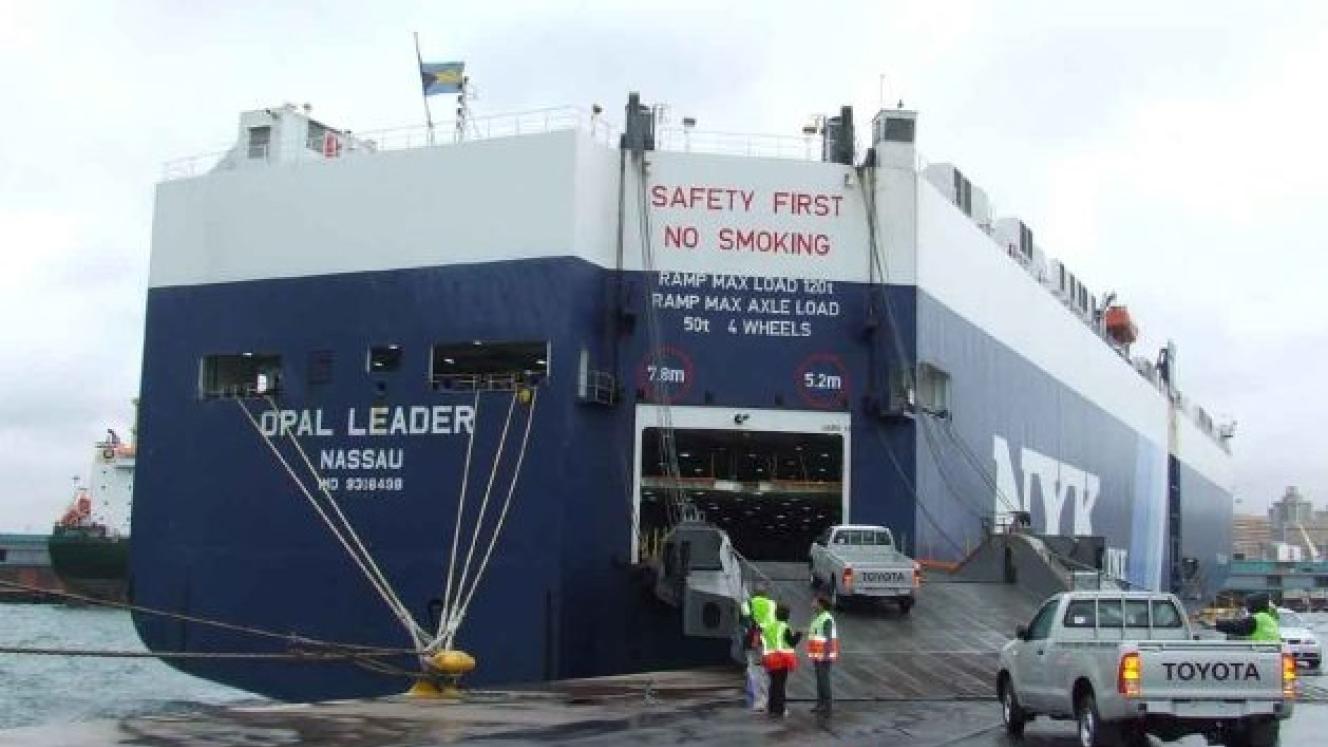 A vehicle is loaded onto a ro-ro carrier at the Durban terminal.