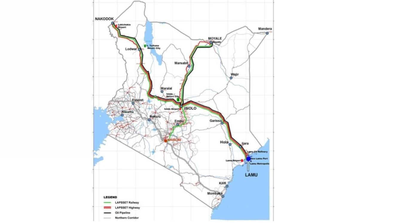 The Lapsset Corridor is a 500-metre-wide transport corridor whose route starts at Lamu, Kenya, and branches to Moyale, Ethiopia, and Nakodok, South Sudan.