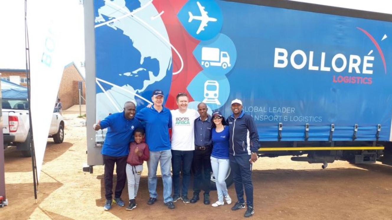 From left; Sandile Senoamadi (Professionalz), Khutso Senoamadi and Mark Thompson (Bolloré), Gavin Hendry (Boots for Africa), Bolloré’s driver Candy Botha, and ex-Bafana Bafana player Teboho Mokoena. 