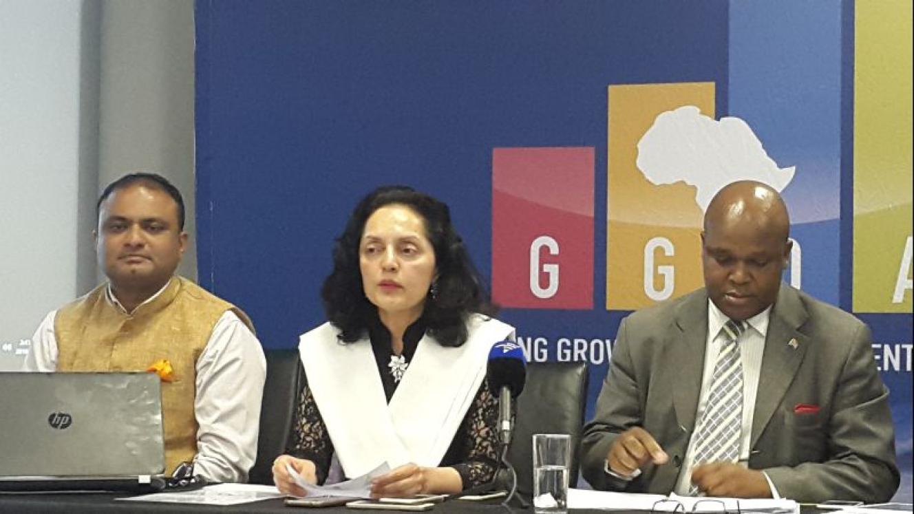 Indian consul general Dr K.J Srinivasa, Indian high commissioner Ruchira Kamboj, and the dti director of Asia bilateral relations Madileke Ramushu.