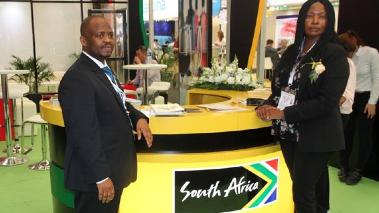SA consul-general, Mpho Hlahla, and dti Foreign Economic representative, Thulani Mpetsheni, at the South African Pavilion. 