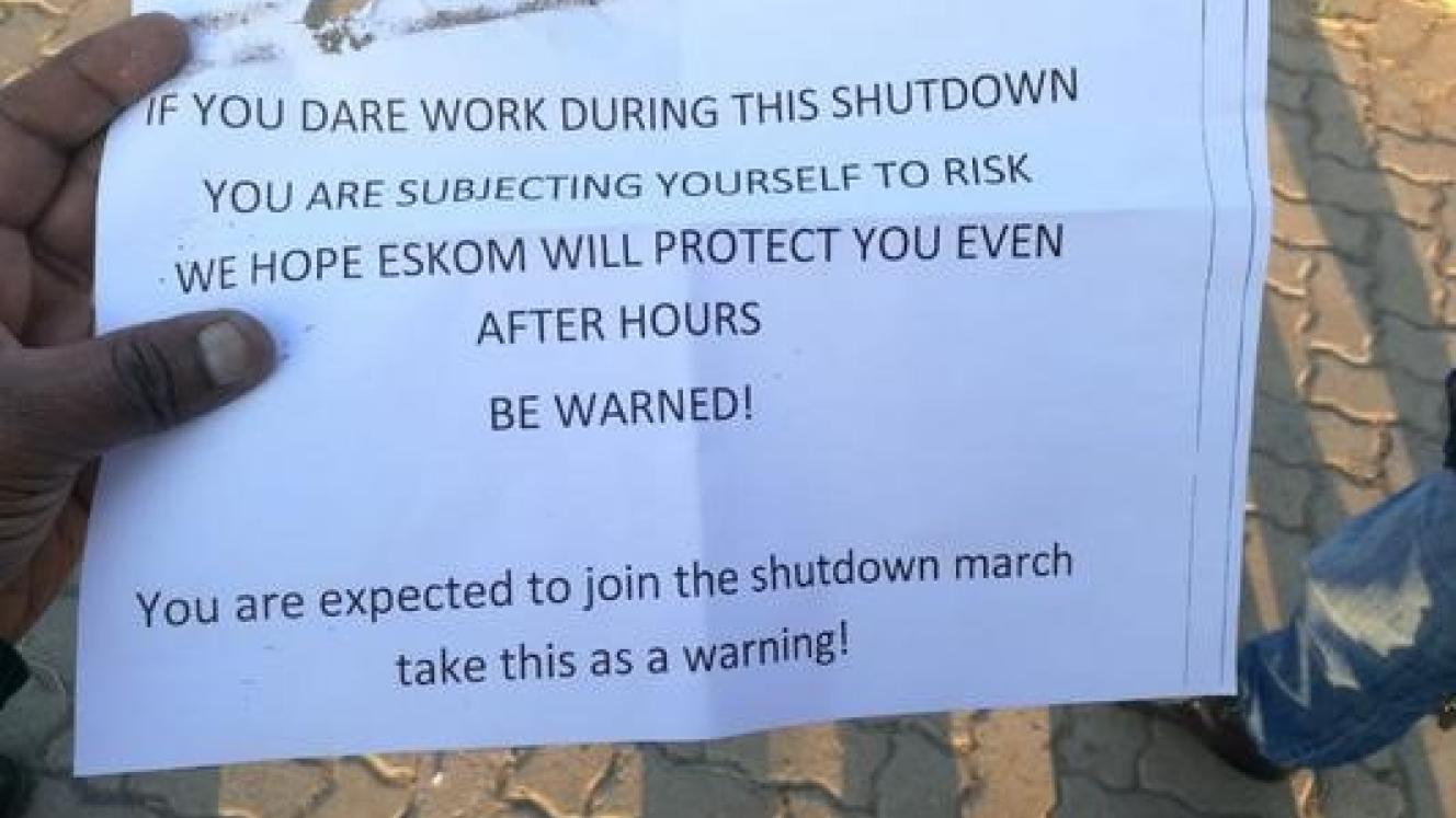 A notice warning Eskom employees not to work during the "shut down" on Thursday at one of the power stations.