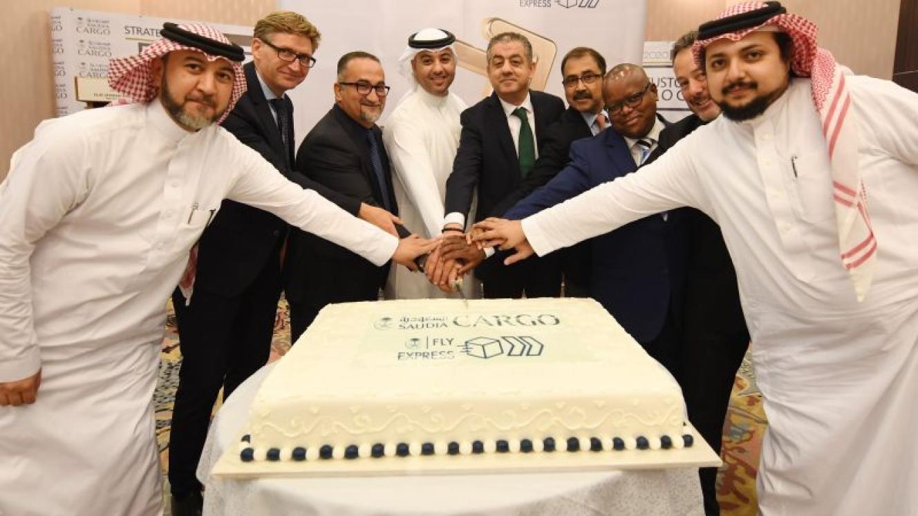 Saudia Cargo CEO Omar Hariri (fourth from left) with other members of the Saudia Cargo team at the launch of Fly Express.