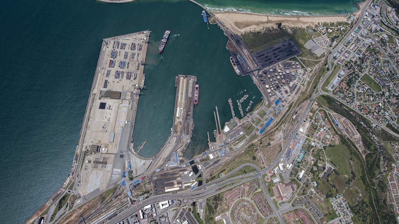 An aerial view of Port Elizabeth’s harbour with the soon-to-be-reopened tanker berth top right.