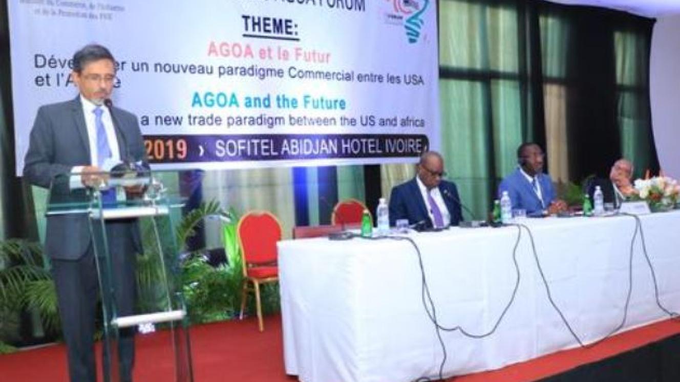 South African economic development, trade and industry minister Ebrahim Patel addresses an African trade ministers meeting in Abidjan.