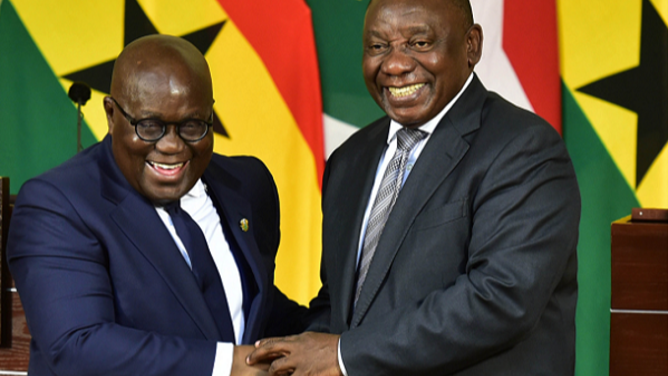 Ghana President Nana Akufo-Addo and South African President Cyril Ramaphosa are joyous during bilateral discussions. 