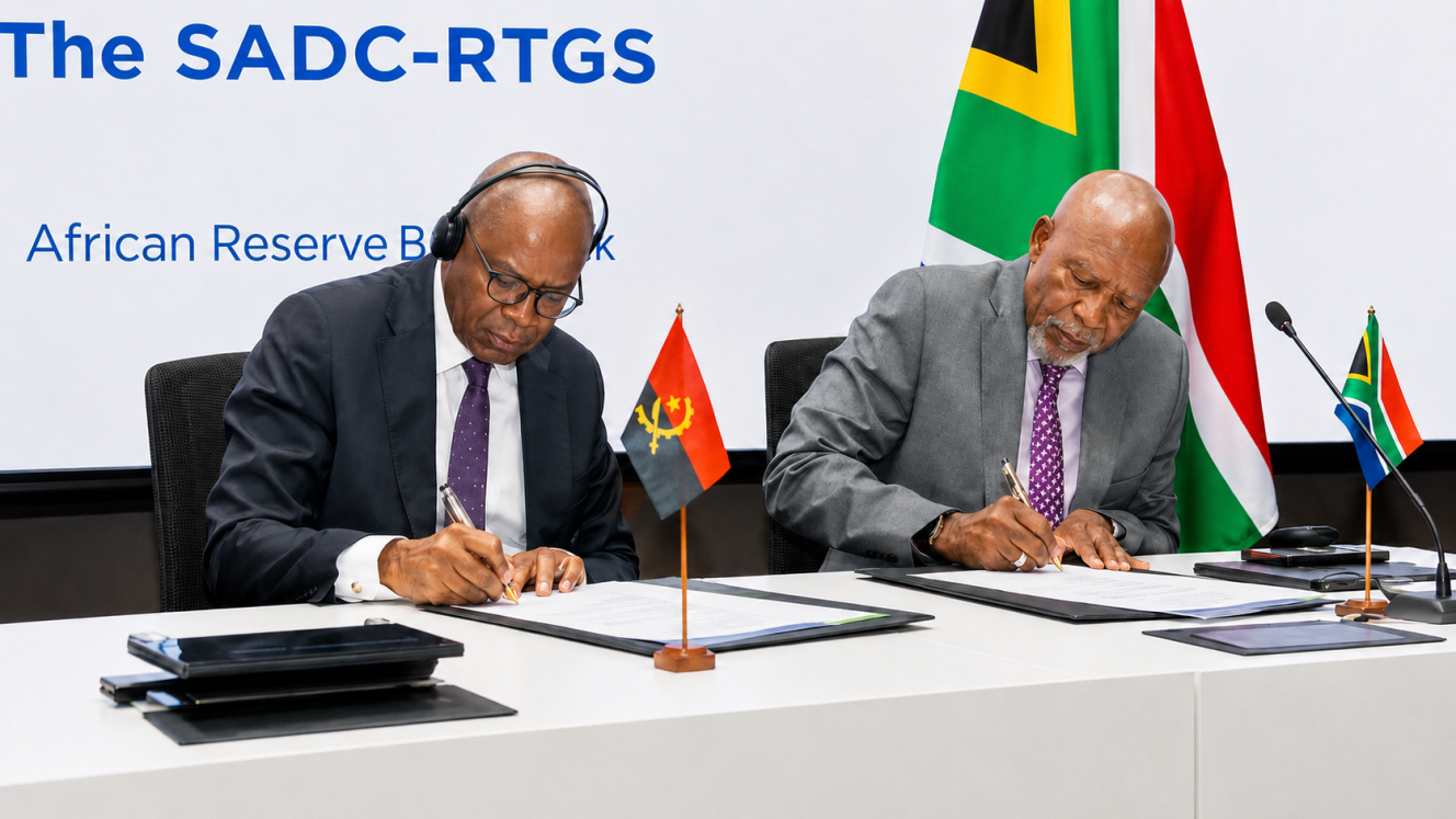Banco Nacional de Angola Governor, Manuel Tiago Dias (left), and SARB Governor Lesetja Kganyago sign an agreement supporting the integration of the Angolan kwanza into the SADC payment system.