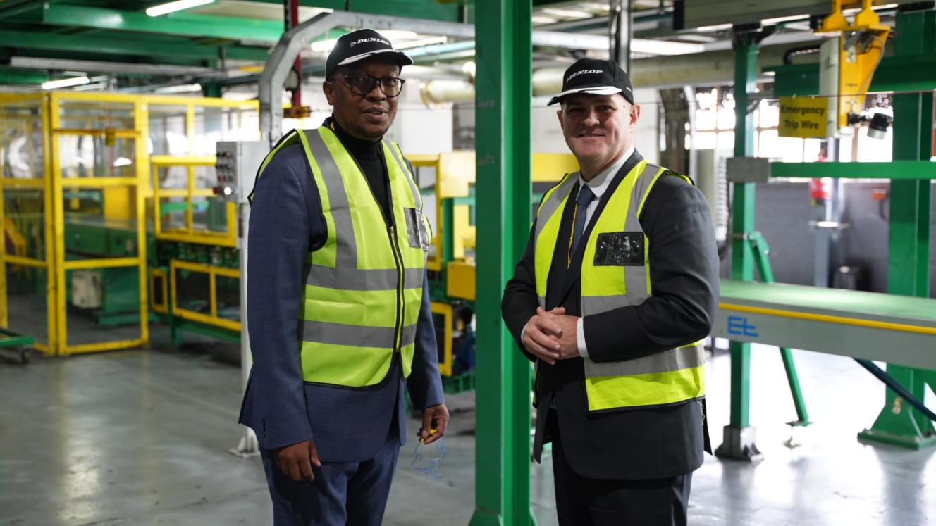 Dunlop SA CEO Lubin Ozoux (right) shows Department of Trade, Industry and Competition Minister Parks Tau around the plant.