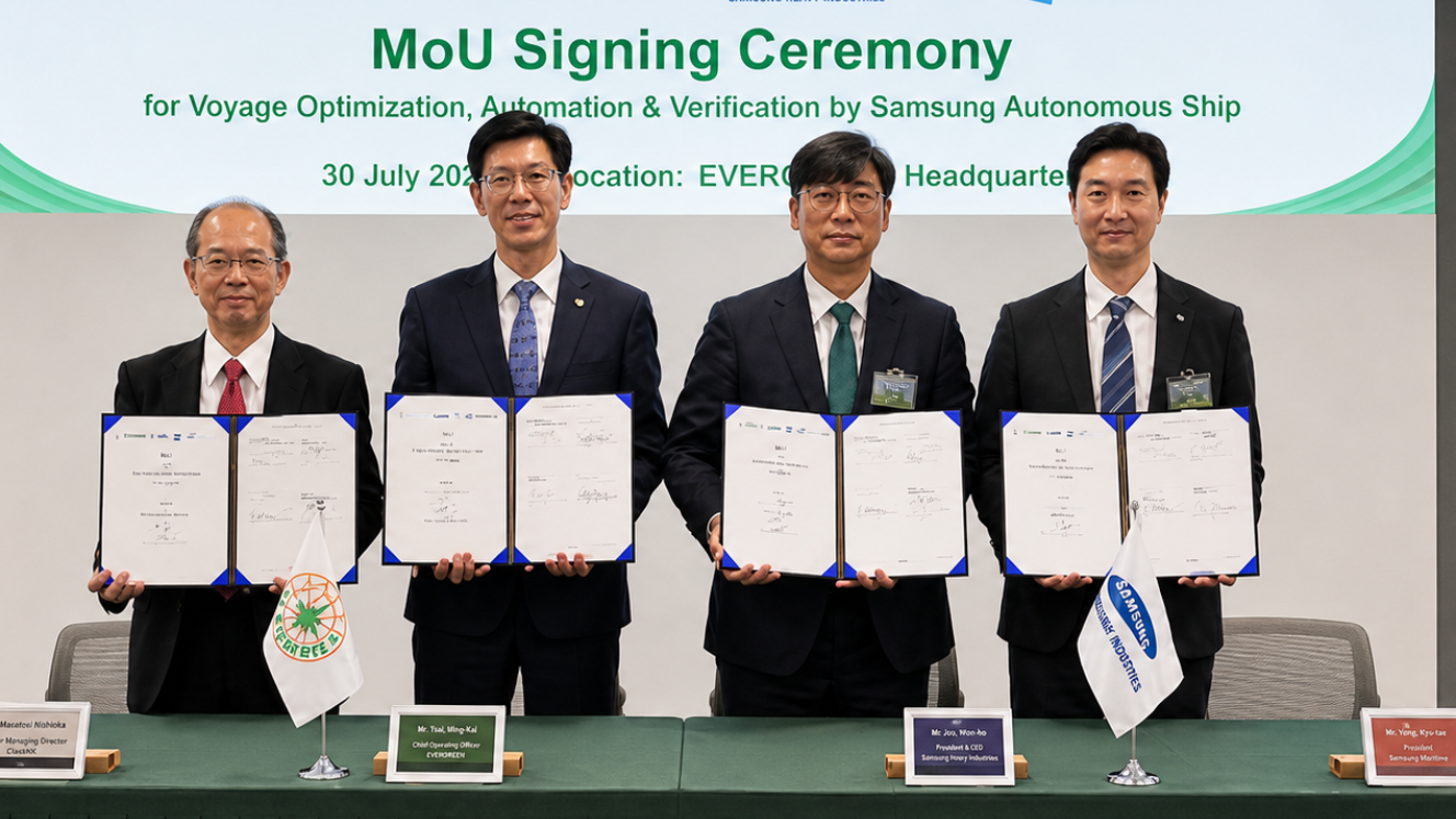 Keemoon, Executive Director for Global SEA Division, Weathernews Inc; Hyun Joe Kim, Executive Vice President, Head of Ship & Offshore Research Institute, Samsung Heavy Industries; Jack H.M. Yang, Deputy Div. Chief, Ship Div., Evergreen Marine Corporation; and Yoshiya Yamaguchi, Executive Vice President, ClassNK.