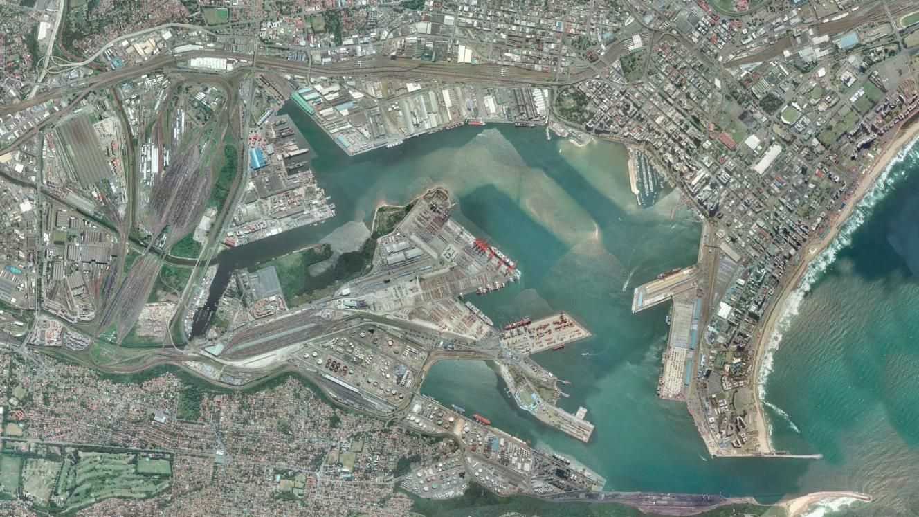 Aerial view of the berths at the Port of Durban. 
