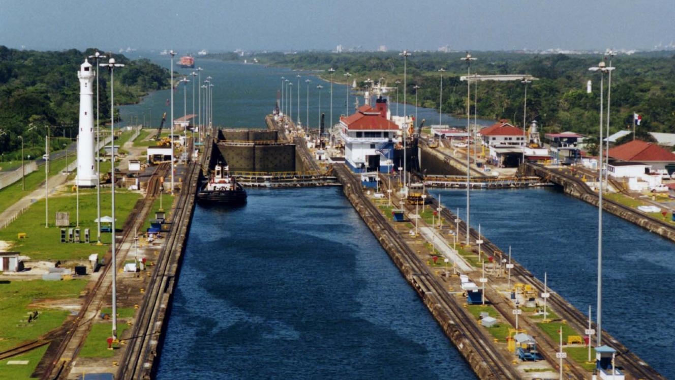 The Panama Canal overlooking the Atlantic Ocean.