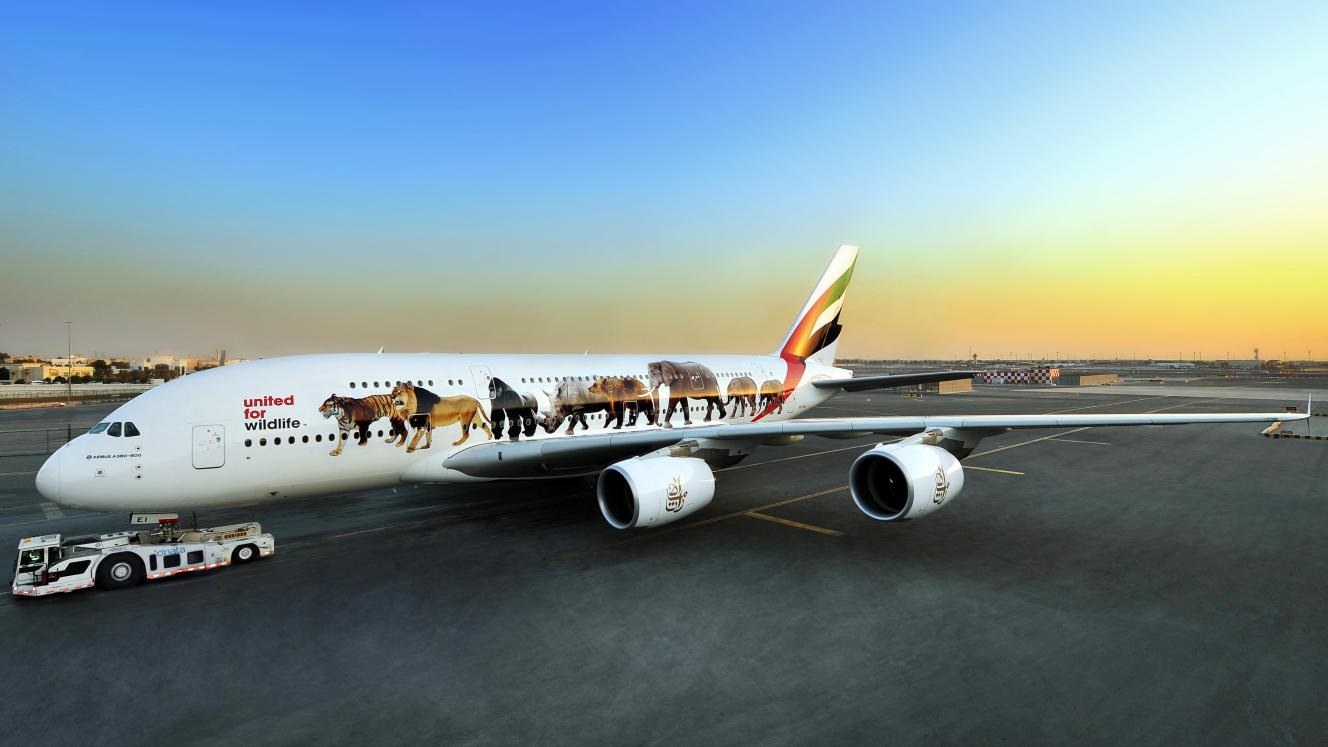 Emirates A380 with the first United for Wildlife decal featuring six endangered species.