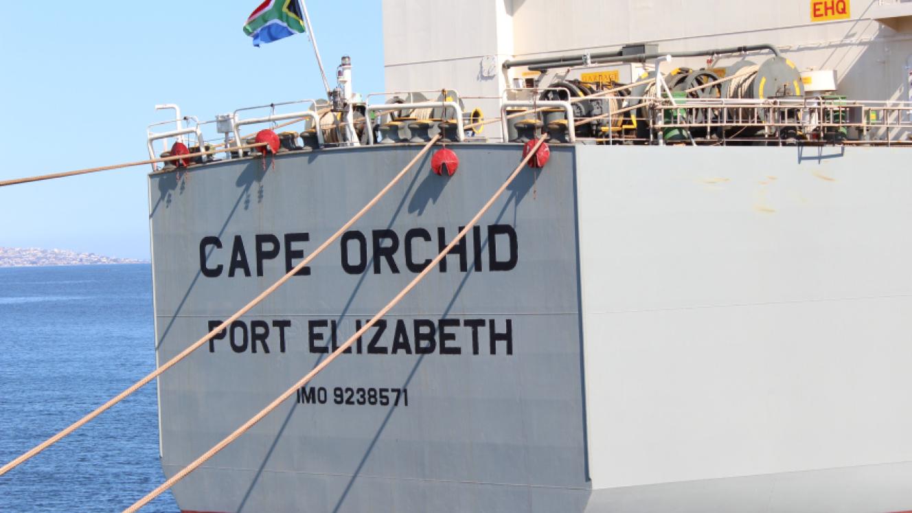 The Cape Orchid, a Vuka Marine cargo vessel that has made history by becoming the first to be registered under the South African flag since 1985. 