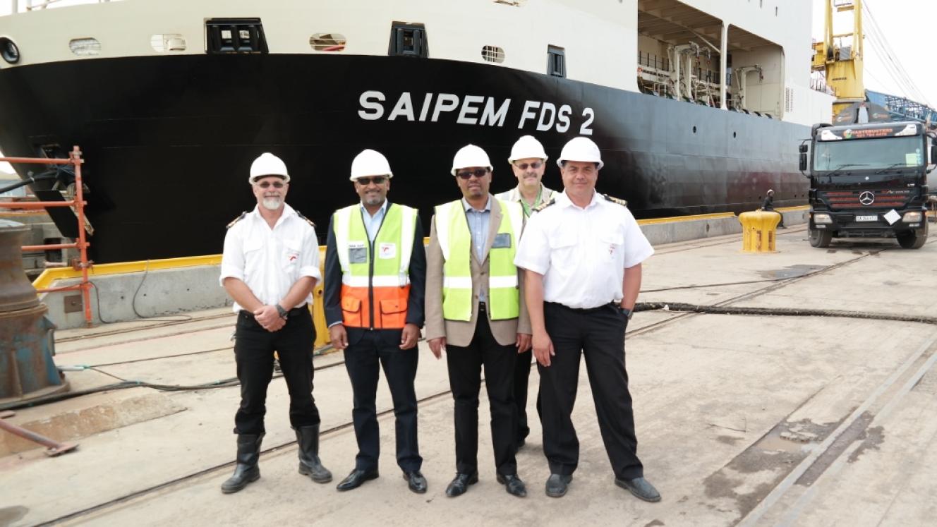 From left: Johan Coetzee (senior dock master), Richard Vallihu (chief executive – Transnet National Ports Authority), Sipho Nzuza (port manager), Johan Claassen (property manager) and Taha Gamieldien (chief dockmaster) with the SAIPEM FDS 2 in the background.
