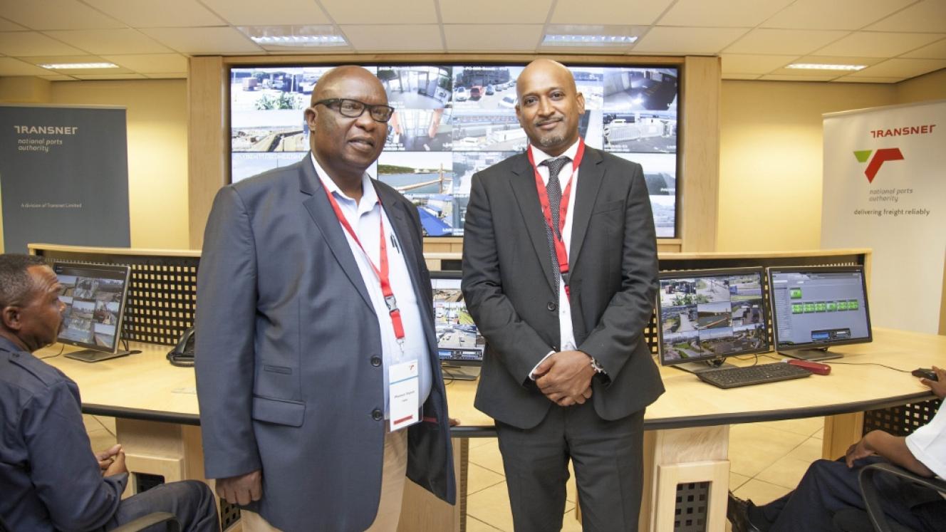 Phumuzi Sigasa, head of TNPA’s Port Security Portfolio (left) and Richard Vallihu, chief executive of TNPA, inside the newly renovated control room located at the Port of Durban which went live with TNPA’s new R843-million port security system last Friday (February 12).