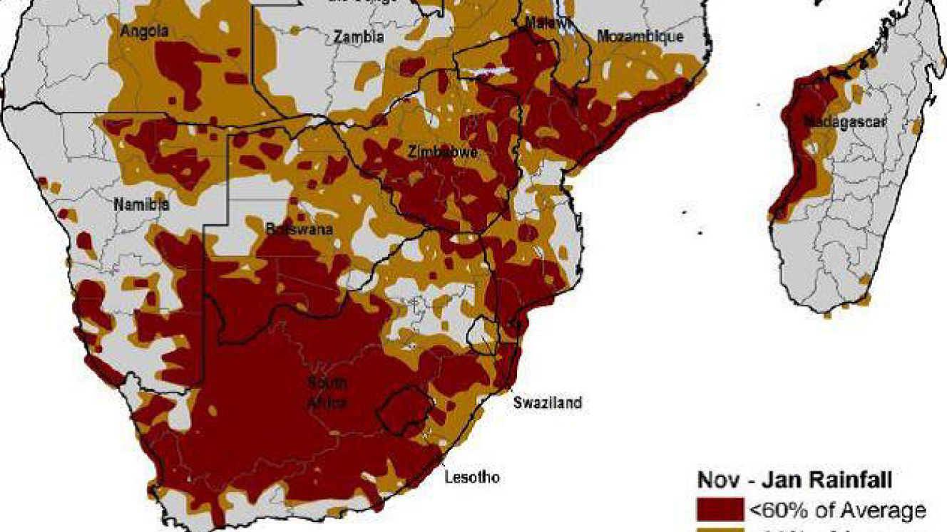 Areas affected by drought in Southern Africa (Nov 2015 to Jan 2016)