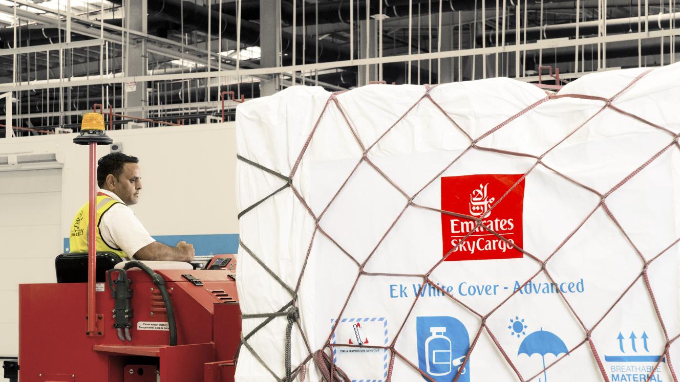 Emirates SkyCargo’s White Cover Advanced protects pharmaceutical products during air transportation.