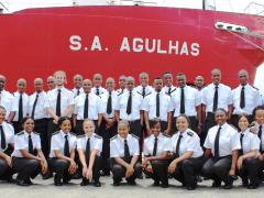 Heading to the Antarctic – the 30 sea cadets who will be on the Agulhas 1 for the next four months. On the left is professor Malek Pourzanjani, SAIMI chief executive officer, and to the right is Meriam Malebo, project manager from the National Skills Fund. 