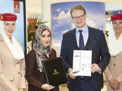 Emirates SkyCargo vice president of Cargo Product Development and Local Affairs, Moaza Al Falahi, with SkyCell AG CEO, Richard Ettl, at Air Cargo Europe in Munich.