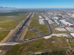 An aerial image of the Cape Town International Airport runway. 