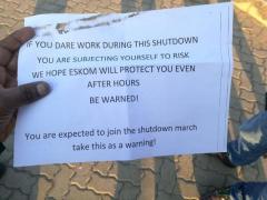 A notice warning Eskom employees not to work during the "shut down" on Thursday at one of the power stations.