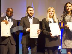 The finalists in the 2019 Young Freight Forwarder of the Year (Yiffy) competition were Enos Chapara from Zimbabwe (Africa/Middle East), Phillip Burgess from New Zealand (Asia Pacific), Evgeniya Khokhlova from Russia (Europe), and Racheal van Harmelon from Canada (Americas). Khokhlova (second from the right) walked away the winner. Picture by Liesl Venter.