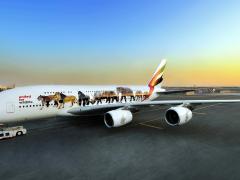 Emirates A380 with the first United for Wildlife decal featuring six endangered species.
