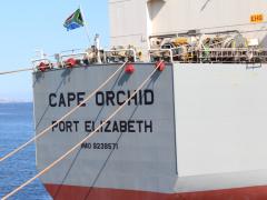 The Cape Orchid, a Vuka Marine cargo vessel that has made history by becoming the first to be registered under the South African flag since 1985. 