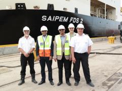 From left: Johan Coetzee (senior dock master), Richard Vallihu (chief executive – Transnet National Ports Authority), Sipho Nzuza (port manager), Johan Claassen (property manager) and Taha Gamieldien (chief dockmaster) with the SAIPEM FDS 2 in the background.