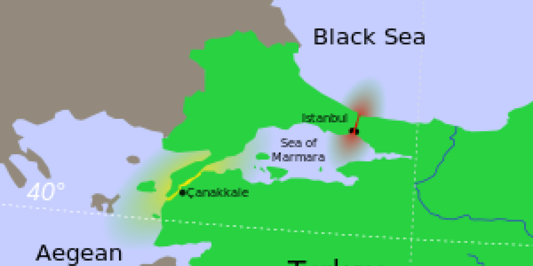 The Bosphorus (red), the Dardanelles (yellow), and the Sea of Marmara in between, are known collectively as the Turkish Straits.