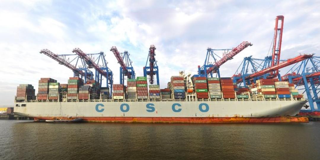 The five new mega-ship gantry cranes handling containers on the Cosco Netherlands at HHLA’s CTT.