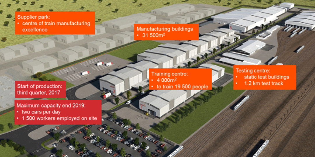 An illustration of the completed train factory.