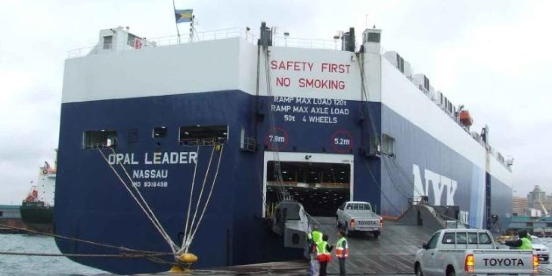 A vehicle is loaded onto a ro-ro carrier at the Durban terminal.