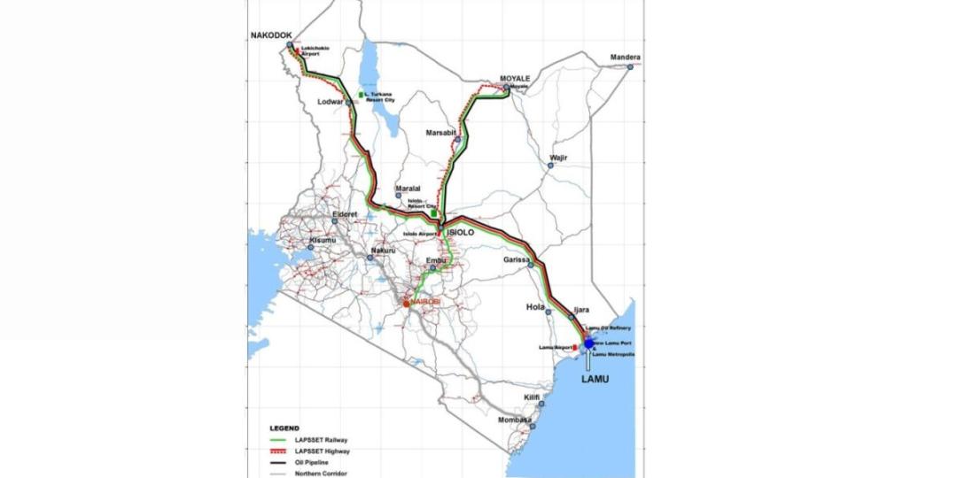The Lapsset Corridor is a 500-metre-wide transport corridor whose route starts at Lamu, Kenya, and branches to Moyale, Ethiopia, and Nakodok, South Sudan.