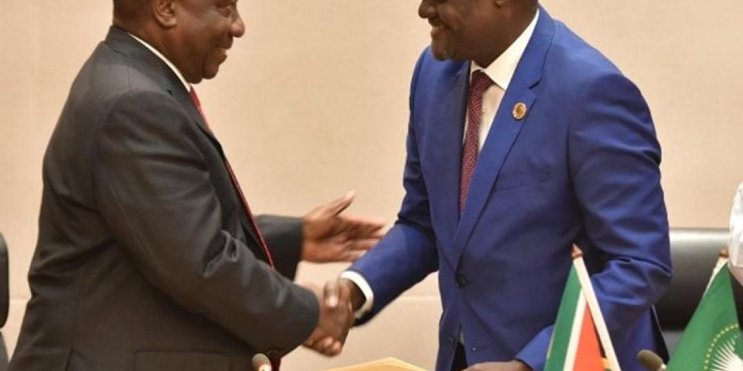 President Cyril Ramaphosa handed over the AfCFTA instruments to African Union chairman, Moussa Faki Mahama.